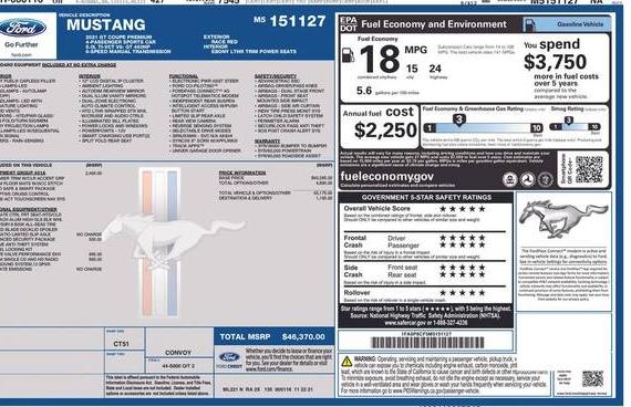 FORD MUSTANG 2021 1FA6P8CF5M5151127 image
