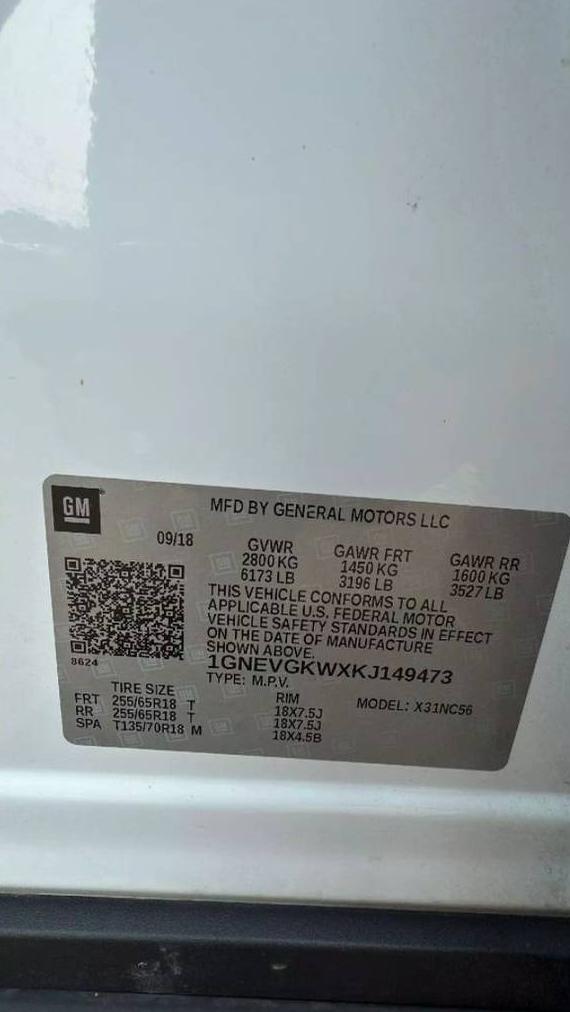 CHEVROLET TRAVERSE 2019 1GNEVGKWXKJ149473 image
