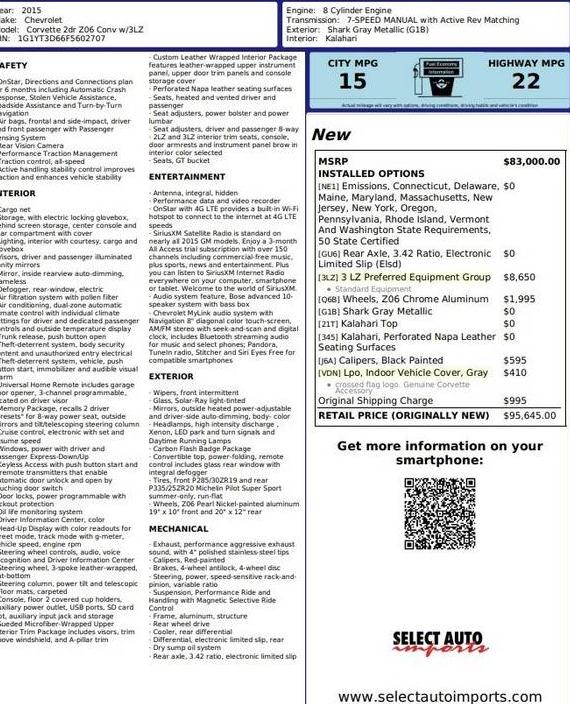 CHEVROLET CORVETTE 2015 1G1YT3D66F5602707 image