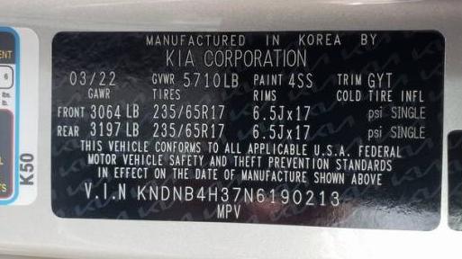 KIA CARNIVAL 2022 KNDNB4H37N6190213 image