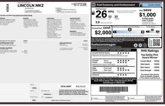 LINCOLN MKZ 2015 3LN6L2G90FR617338 image
