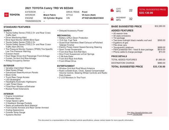 TOYOTA CAMRY 2021 4T1KZ1AK2MU055600 image