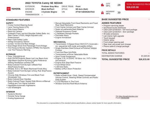 TOYOTA CAMRY 2022 4T1G11AK8NU647842 image