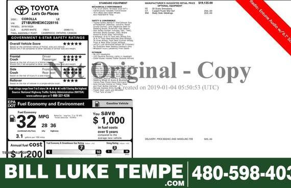 TOYOTA COROLLA 2019 2T1BURHE3KC228116 image