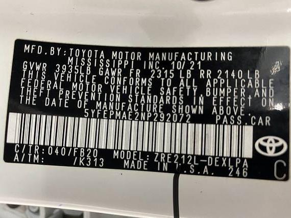 TOYOTA COROLLA 2022 5YFEPMAE2NP292072 image