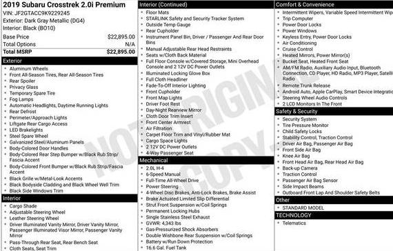 SUBARU CROSSTREK 2019 JF2GTACC9K9229245 image