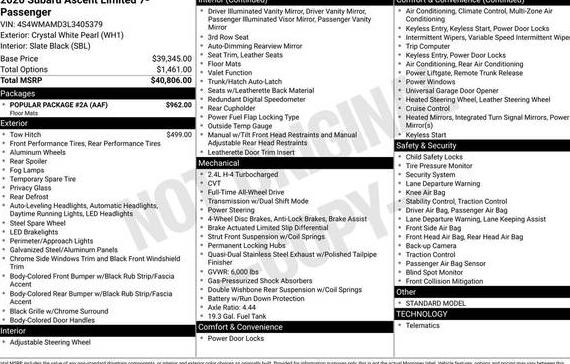 SUBARU ASCENT 2020 4S4WMAMD3L3405379 image