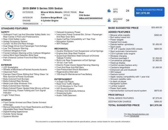 BMW 530I 2019 WBAJA5C59KWW05945 image
